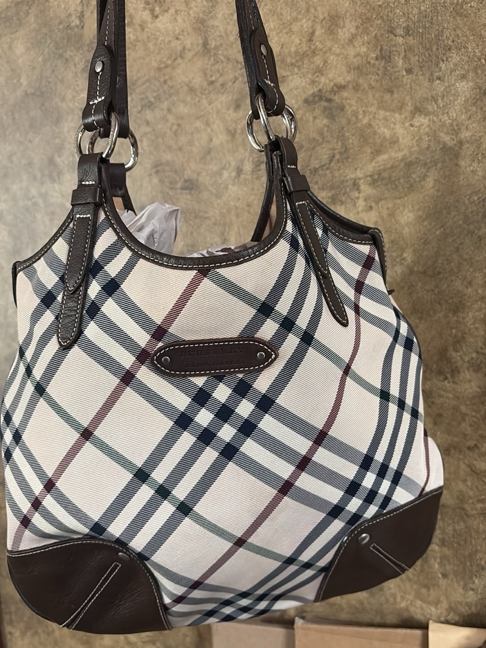 Burberry Cream Plaid Shoulder Bag with Dark Brown Trim